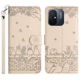 Кожен калъф тип портмоне с котки за Xiaomi Redmi 12C - бежов