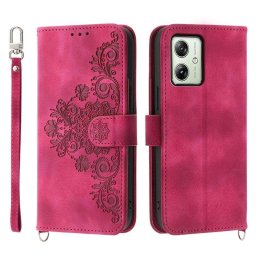 Кожен калъф тип портмоне с цветя за Motorola G54 5G - ярко розов