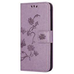 Кожен калъф тип портмоне с цветя и пеперуди за Xiaomi Redmi 12 5G - лилав