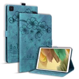 Кожен калъф с цветя и коте за Samsung Galaxy Tab A7 Lite - тюркоазен