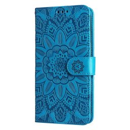 Кожен калъф тип портмоне със слънце за Xiaomi Redmi 12 4G/5G - син