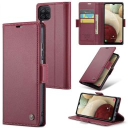Кожен калъф страничен flip марка CASEME за Samsung Galaxy A12 – винено червен