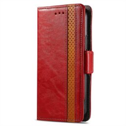 Кожен калъф тип портмоне за Xiaomi Redmi Note 13 Pro+ 5G - червен с лента