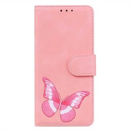 Кожен калъф тип портмоне с пеперуда за Xiaomi Redmi 13C - розов