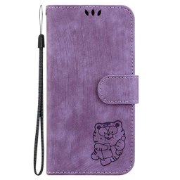 Кожен калъф тип портмоне с коте за Xiaomi Redmi Note 13 5G - лилав
