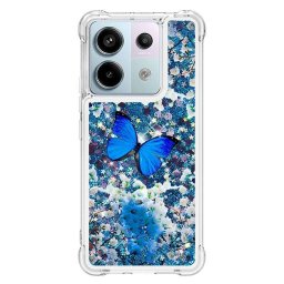 Силиконов гръб с течност с брокат за Xiaomi Redmi Note 13 Pro 5G - синя пеперуда