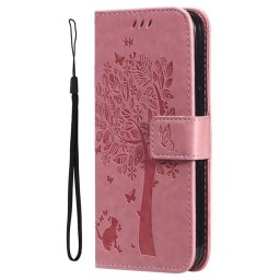 Кожен калъф тип портмоне с дърво за Xiaomi 14 - розов