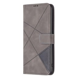 Кожен калъф тип портмоне марка BINFEN COLOR за OnePlus 13 - сив с черен триъгълник