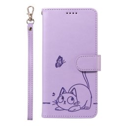 Кожен калъф тип портмоне с котка за Xiaomi Redmi Note 14 5G - лилав