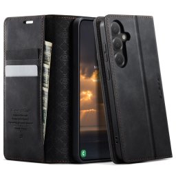 Кожен калъф страничен flip марка CASEME за Samsung Galaxy S25 FE – черен
