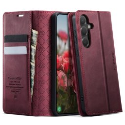 Кожен калъф страничен flip марка CASEME за Samsung Galaxy S25 FE – винено червен
