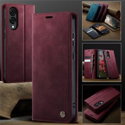 Кожен калъф страничен flip марка CASEME за Samsung Galaxy S25 Edge – винено червен
