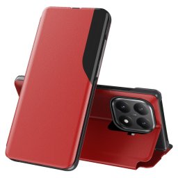 Тънък кожен калъф тип портмоне с прозорче за Xiaomi 15T Pro - червен