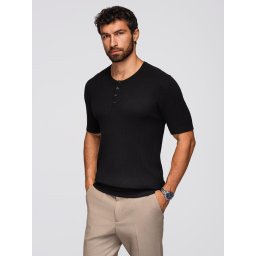 Ombre Men's knitted T-shirt with buttons at neckline - black