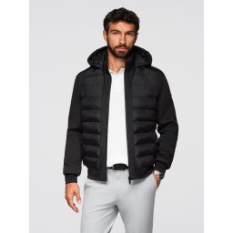 Ombre Quilted bomber jacket with hood and knitted sleeves - black