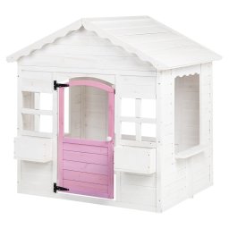 Детска Дървена Къщичка за Игра GINGER HOME – Градинска Къща с Прозорци и Саксии, Бяла, 123×106×12...