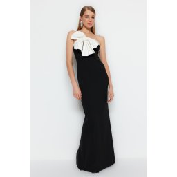 Trendyol Black and White Lined Woven Long Evening Evening Dress