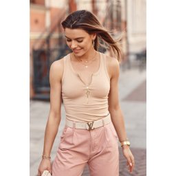 Cotton beige bodysuit with a zipper neckline