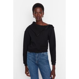 Trendyol Black Collar with Rib and Zipper Detail, Fleece Inside, Knitted Sweatshirt