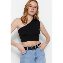 Trendyol Black One-Shoulder Fitted/Sleeping Crop Stretch Knit Blouse
