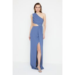 Trendyol X Sagaza Studio Indigo с едно рамо изрязана подробна вечерна рокля
