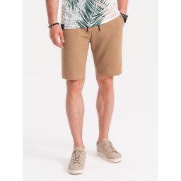 Ombre Men's knitted shorts with decorative elastic waistband - light brown