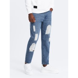 Ombre Men's TAPERED FIT denim pants with holes - dark blue