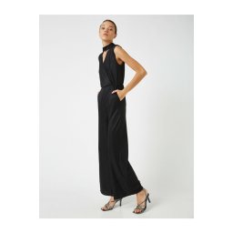 Koton Women's Black Wide Leg Jumpsuit with Window Detail