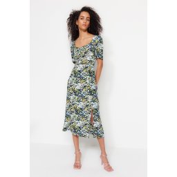 Trendyol жълт A-Cut Midi тъкани вискоза шарени тъкани рокля