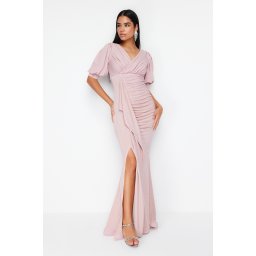 Trendyol Powder Draped Knitted Long Elegant Evening Dress