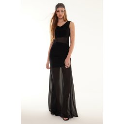 Trendyol Black Transparent Detailed Knitted Tulle Long Elegant Evening Dress
