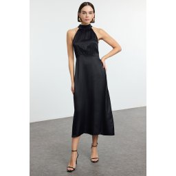 Trendyol Black More Sustainable A-Line Jacquard Satin Midi Woven Dress