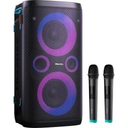 Аудио система Hisense Party Rocker One Plus (HP110) Bluetooth Speaker with 300W Power, Built-in Woofer, Karaoke Mode, Built-in Wireless Charging Pad, AUX Input and Output, USB, 15 Hour Long-Lasting Battery 4 x 2500Ah, 2x mics included, Black