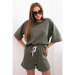 Kesi Włoski Women's butter set with a short-sleeved blouse and shorts with an elastic band khaki