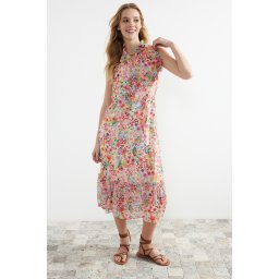 Trendyol Pink Floral Print A-Cut Midi Lined Chiffon Woven Dress