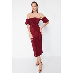 Trendyol Burgundy Sleeve Detailed Pleated Knitted Elegant Evening Dress