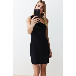 Trendyol Black A-line One Shoulder Rose Detailed Mini Woven Dress