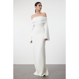 Trendyol White Carmen Collar Knitted Long Elegant Evening Dress
