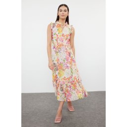 Trendyol Ecru Floral Patterned A-Line Midi Lined Chiffon Woven Dress