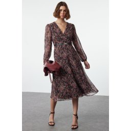 Trendyol Brown Floral Belted A-Line Midi Double Breasted Collar Patterned Chiffon Woven Dress