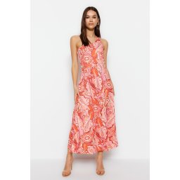 Trendyol Pink One-Shoulder Midi Halter/Skater Knitted Printed Dress