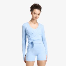 Тениска adidas 3 Stripes Studio Soft Ballet Wrap Top Glow Blue/ Earth Strata L
