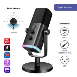 FIFINE AMPLIGAME AM8 Динамичен USB/XLR Микрофон с RGB Осветление за Гейминг, Стрийминг и Подкаст