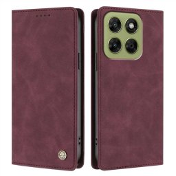 Кожен калъф тип портмоне с магнитна закопчалка за Motorola Moto G67/G77/G87 - винено червен