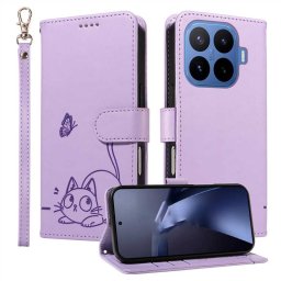 Кожен калъф тип портмоне с котка за Xiaomi 17T - лилав