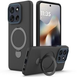 Хибриден гръб с кръгла метална стойка за Motorola Moto G67/G77/G87 - черен