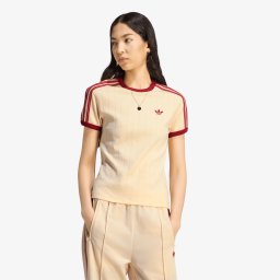 Тениска adidas Pinstripe Short Sleeve Slim T-Shirt Warm Vanilla/ Team Victory Red/ Preloved Scarlet XS