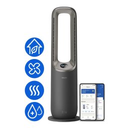 Пречиствател на въздух Philips AMF970/10, 2200W, 2.6 l резервоар, подходящ за помещения с площ до 48², 10 скорости, филтър с активен въглен, предфилтър, HEPA филтър, режим сън, гласово управление, черен