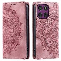 Кожен калъф тип портмоне с мандала за Motorola Edge 70 Fusion 5G - светло розов