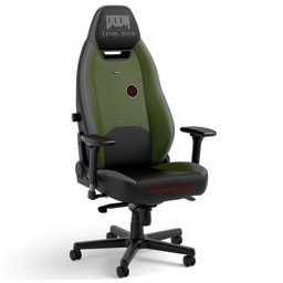 Геймърски стол noblechairs DOOM: The Dark Ages Edition, до 150kg, изкуствена кожа, алуминиева основа, регулируеми подлакътници, регулируема облегалка, лумбална опора, зелен